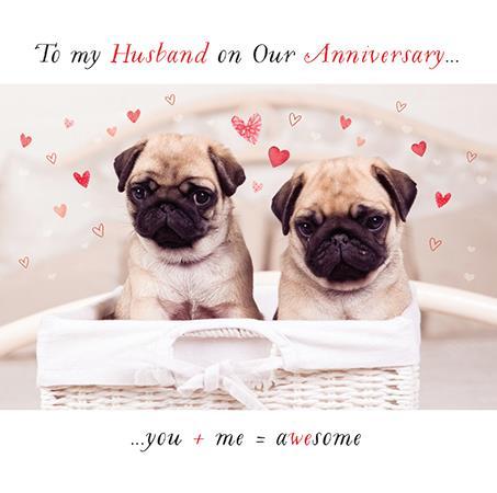 Anniversary Card - Husband Anniversary - Puppy Pugs In Basket