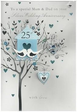Anniversary Card - 25th Silver Anniversary Mum & Dad - Love Birds House