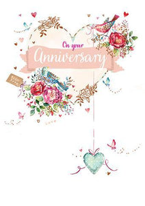 Anniversary Card - Your Anniversary - Love Birds With Hanging Heart