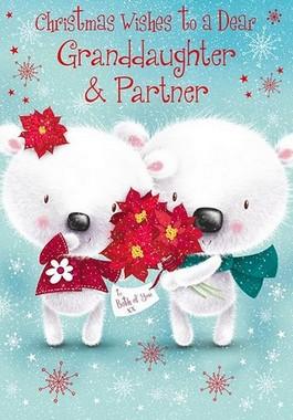 Christmas Card - Granddaughter and Partner - White Bears/Poinsettia