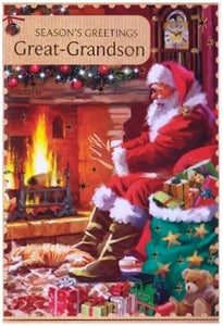 Christmas Card - Great-Grandson - Santa Sat In Front of Fire