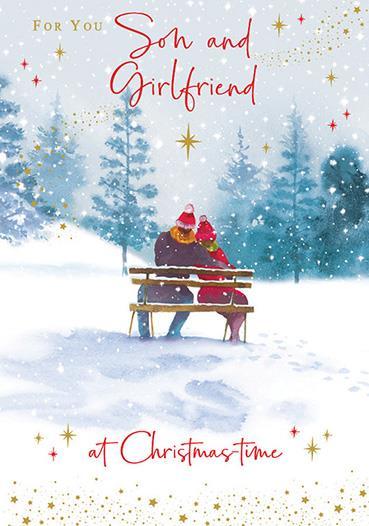 Christmas Card - Son and Girlfriend - Snowy Couple Bench