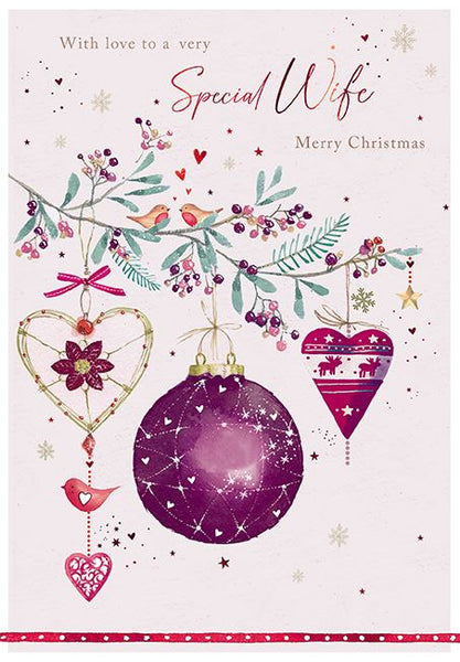 Christmas Card - Wife - Heart Baubles