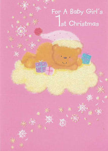 Christmas Card - Baby Girl's 1st Christmas - Bear On Cloud