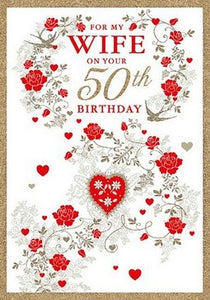 Wife 50th Birthday - Roses And Hearts from Nigel Quiney Publications, English Cards in France