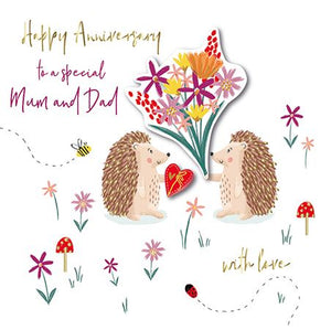 Anniversary Card - Mum and Dad Anniversary - Hedgehogs Bouquet
