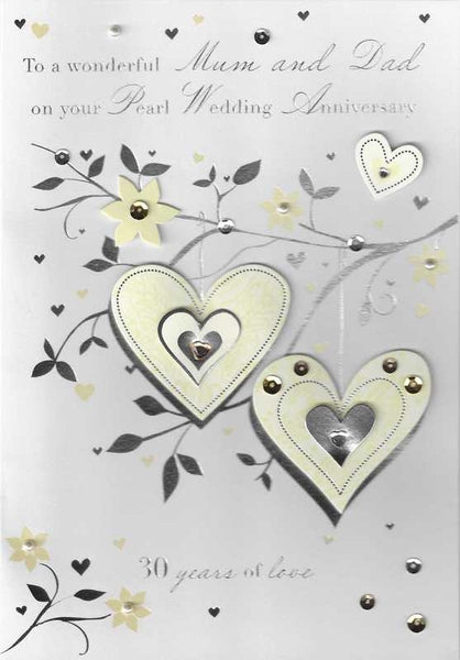 Anniversary Card - 30th Pearl Anniversary Mum & Dad - Pearl Hearts