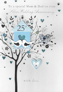 Anniversary Card - 25th Silver Anniversary Mum & Dad - Love Birds House