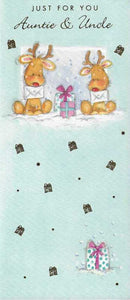 Christmas Card - Auntie and Uncle - 2 Reindeers With Cards & Gift from Nigel Quiney Publications, English Cards in France