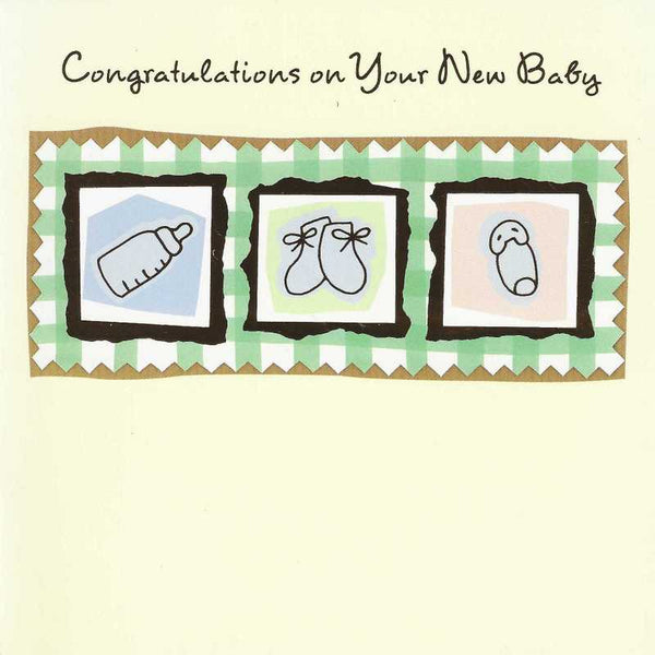 New Baby Card - Bottle, Booties, Nappy Pin