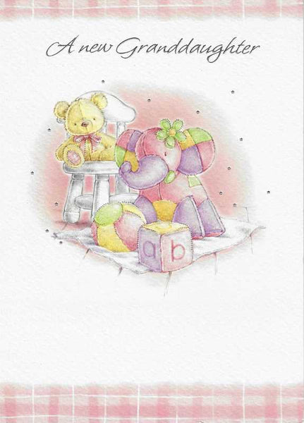 New Baby Granddaughter Card - Teddy and Toys