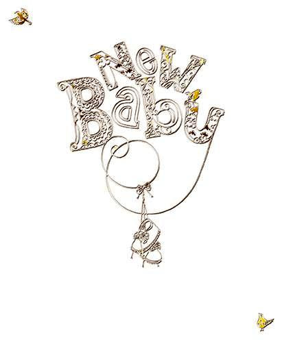 New Baby Card - Baby Boots Hanging From Filigree Text