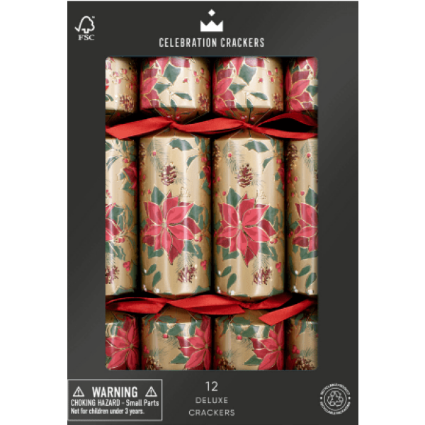 Heart and Soul Studio Celebration Christmas Crackers - 12 Poinsettia 12 inch Deluxe Christmas Crackers, Christmas Crackers in France, Crackers de Noel, Petards de Noel en France, Diablotins en France