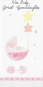 New Baby Great-Granddaughter Card - Pink Pram