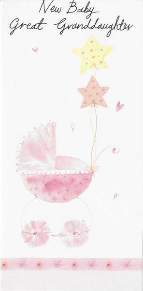 New Baby Great-Granddaughter Card - Pink Pram