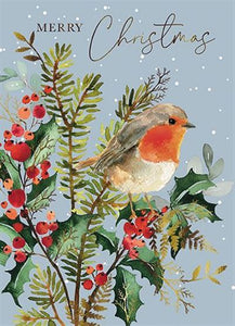 The Great British Card Company Christmas Cards - 8 Luxury Cards - Robin on Holly Branch, Robin Couple on Holly, English Christmas Cards In France