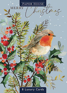 The Great British Card Company Christmas Cards - 8 Luxury Cards - Robin on Holly Branch, Robin Couple on Holly, English Christmas Cards in France