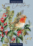 The Great British Card Company Christmas Cards - 8 Luxury Cards - Robin on Holly Branch, Robin Couple on Holly, English Christmas Cards in France