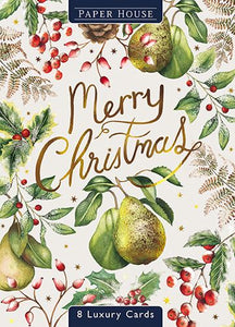 The Great British Card Company Christmas Cards - 8 Luxury Cards - All Over Christmas Pears, Christmas Pear Wreath, English Christmas Cards in France