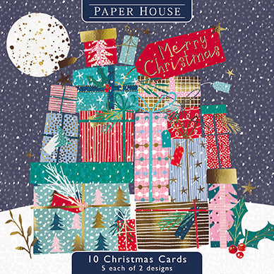 Christmas Cards - 10 Cards - Pile Of Presents / Christmas Tree from The Great British Card Company, Advent Calendars in France, English Christmas Cards in France
