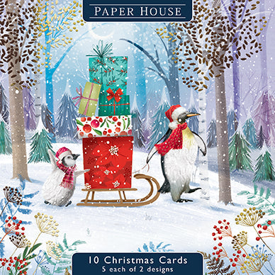 Christmas Cards - 10 Cards - Penguins & Sledge Of Presents / Penguins & Christmas Tree from The Great British Card Company, Advent Calendars in France, English Christmas Cards in France