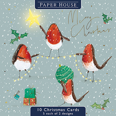 Christmas Cards - 10 Cards - Robins With Fairylights / Robins & Christmas Presents from The Great British Card Company, Advent Calendars in France, English Christmas Cards in France