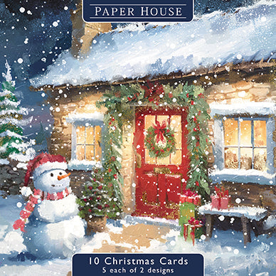 Christmas Cards - 10 Cards - Snowman & Red Door / Snowman & Blue Door from The Great British Card Company, Advent Calendars in France, English Christmas Cards in France