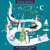 Christmas Cards - 10 Cards - Penguins Sledging & Building Tree From The Great British Card Company, English Christmas cards in France
