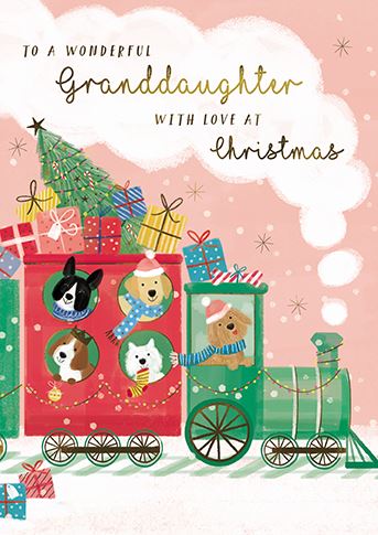 The Great British Card Company Christmas-Card-Granddaughter-Cute-Dogs-on-Train, English Christmas Cards in France
