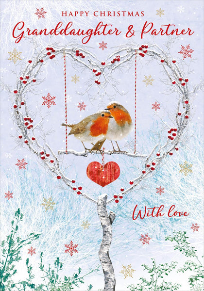 Christmas Card - Granddaughter and Partner - Robins Heart Swing from Nigel Quiney Publications, English Cards in France