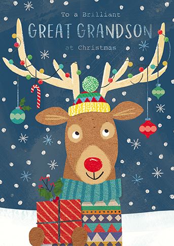 The Great British Card Company Christmas-Card-Great-Grandson-Cute-Deer-Holding-Present, English Christmas Cards in France