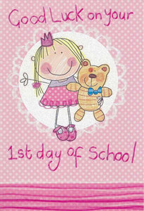 Good Luck Card - 1st Day of School - Girl Clutching Bear