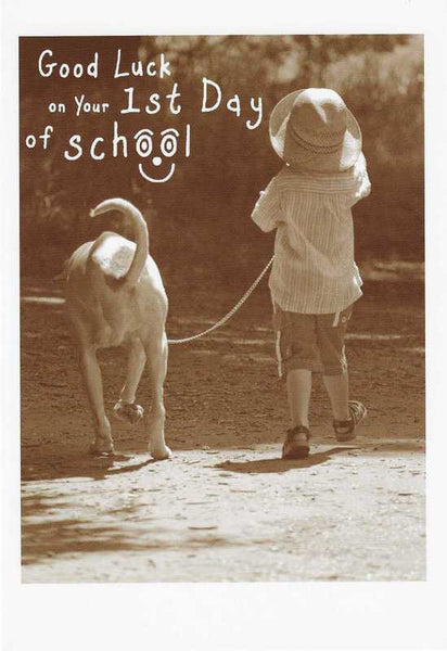 Good Luck Card - 1st Day of School - Boy Walking Dog