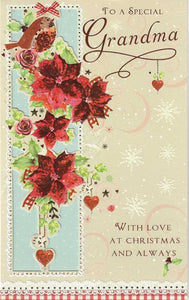 Christmas Card - Grandma - Robin & Poinsettia