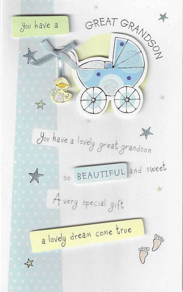 New Baby Great-Grandson Card - Blue Pram