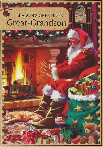 Christmas Card - Great-Grandson - Santa Sat In Front of Fire