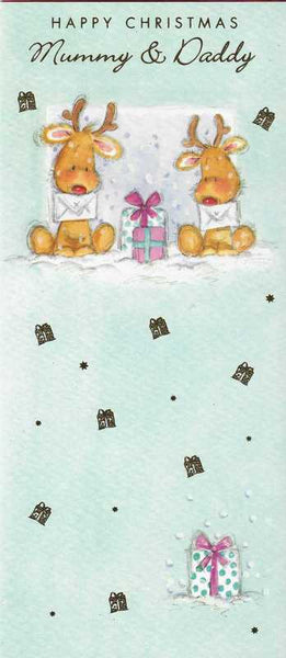 Christmas Card - Mummy and Daddy - 2 Reindeers With Cards & Present