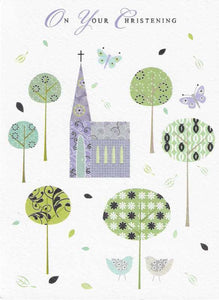 Christening Card - Church and Topiary Trees