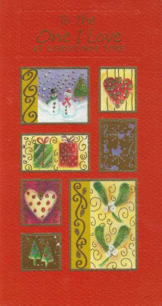 Christmas Card - One I Love - Squares Snowmen, Hearts & Gifts