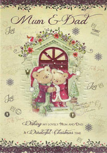 Christmas Card - Mum and Dad - Teddy Couple & Door