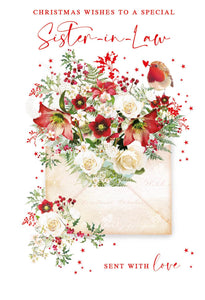 Christmas Card - Sister-in-Law - Xmas Floral Envelope from Nigel Quiney Publications, English Cards in France