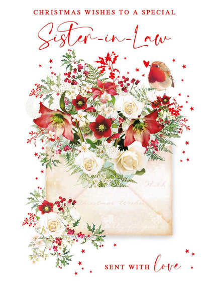 Christmas Card - Sister-in-Law - Xmas Floral Envelope from Nigel Quiney Publications, English Cards in France