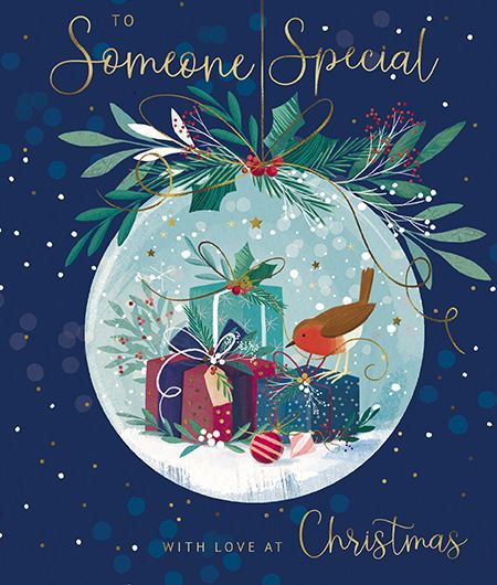 The Great British Card Company Christmas Card - Someone Special - Hanging Bauble with Presents and Robins, English Christmas Cards in France