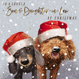 The Great British Card Company Christmas-Card-Son-and-Daughter-in-Law-Sausage-Dog-&-Cockapoo-with-Santa-Hats, English Christmas Cards in France