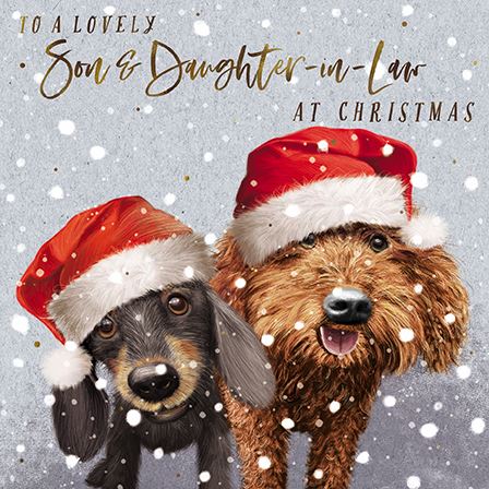 The Great British Card Company Christmas-Card-Son-and-Daughter-in-Law-Sausage-Dog-&-Cockapoo-with-Santa-Hats, English Christmas Cards in France