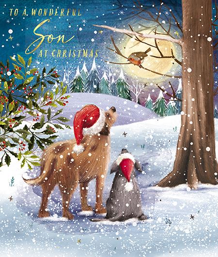 The Great British Card Company Christmas-Card-Son-Two-Dogs-&-Robin-in-Snowy-Forest, English Christmas Cards in France