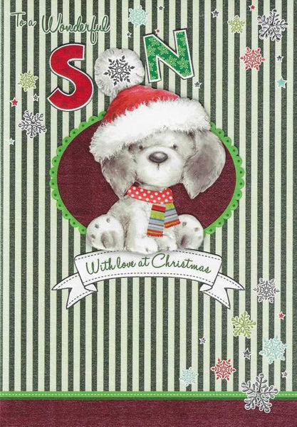 Christmas Card - Son - Dog In Santa Hat & Scarf