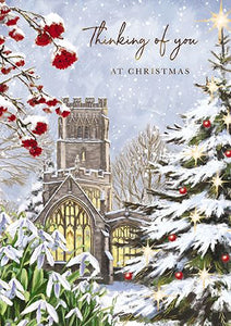 The Great British Card Company Christmas-Card-Thinking-Of-You-Church-Scene-with-Snowdrops-&-Christmas-Tree, English Christmas Cards in France