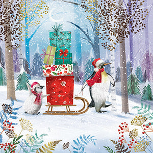 Christmas Cards - 10 Cards - Penguins & Sledge Of Presents / Penguins & Christmas Tree
