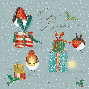 Christmas Cards - 10 Cards - Robins With Fairylights / Robins & Christmas Presents
